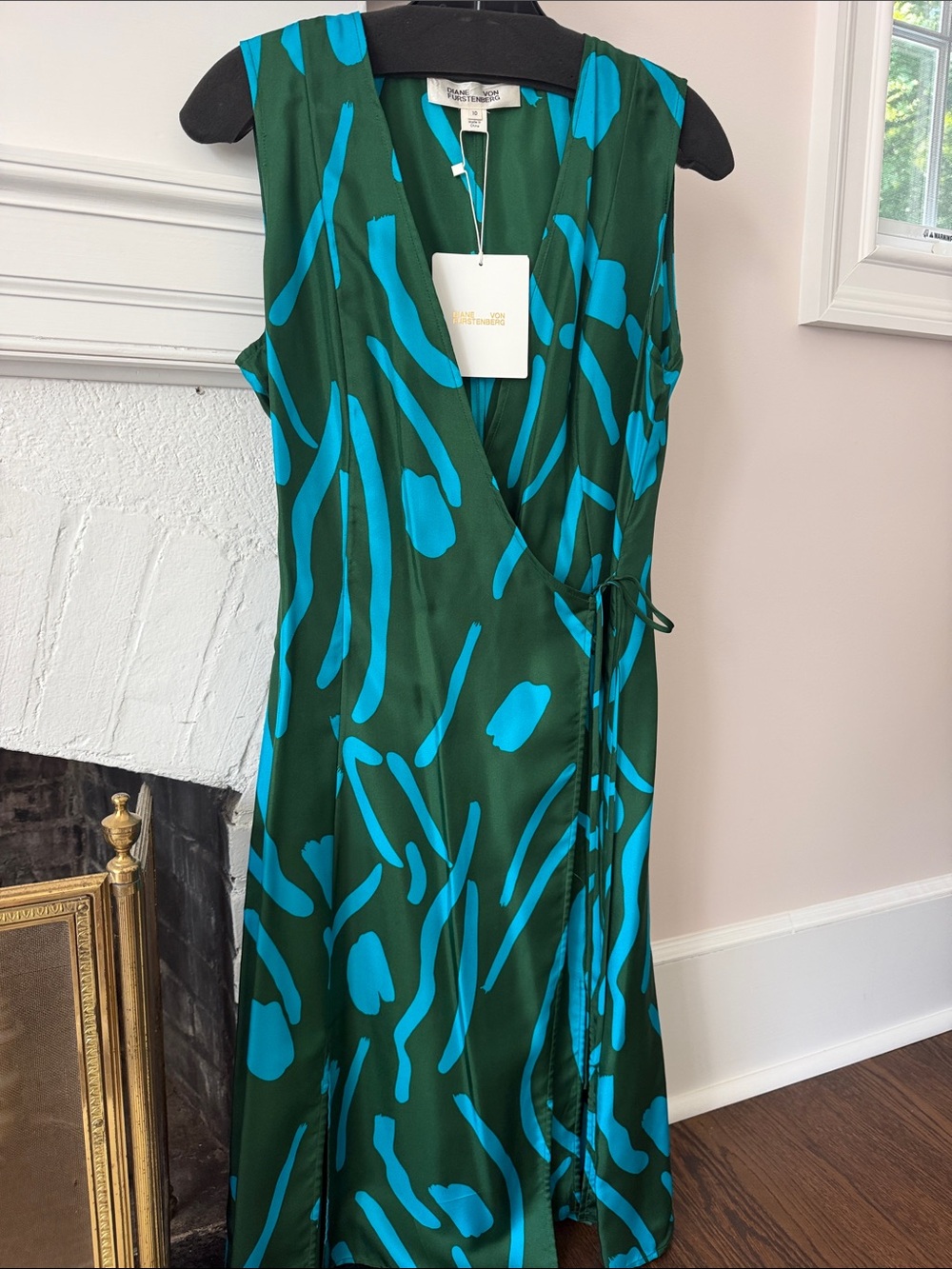 Diane Von Furstenberg Emerald Green Midi Wrap Dress with Teal Abstract Print